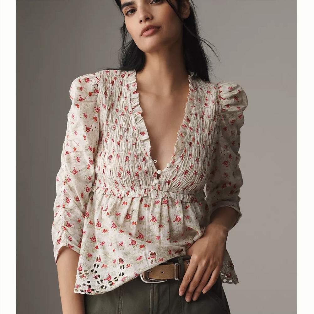 - NWT By Anthropologie Ruched-Sleeve Smocked Blouse- XS